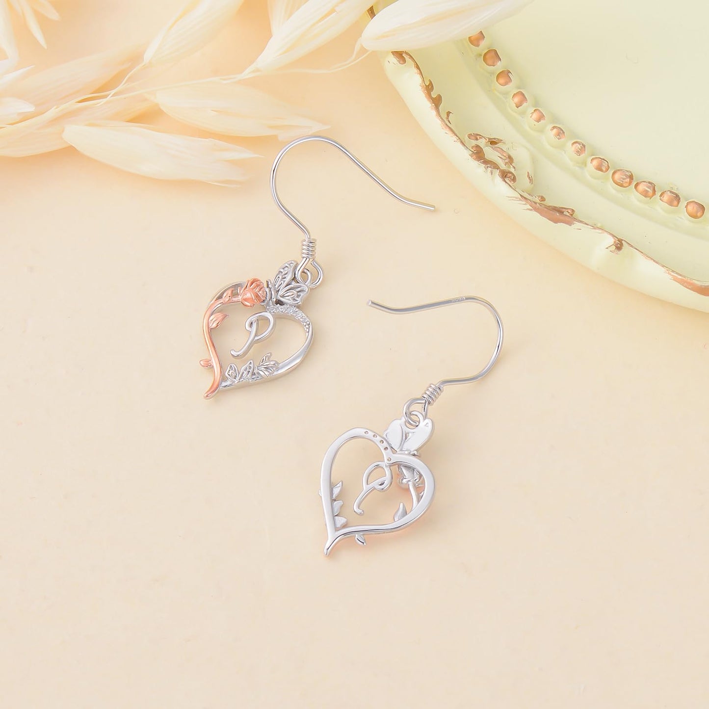 TOUPOP Rose Heart Initial Earrings Sterling Silver Butterfly Earring Initial P Letter Drop Dangle Earrings Jewelry Anniversary Birthday Mothers Day Gifts for Women Mom Wife Girlfriend Her