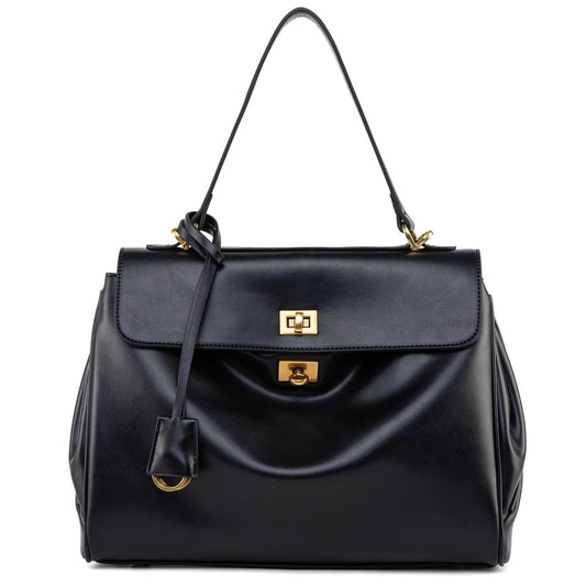 NGGU Black Leather Tote Bag for Women,Soft Leather Shoulder Handbags for Ladies,Satchel Purse for Travel Work & Medium & Black Leather & Gold Clasp