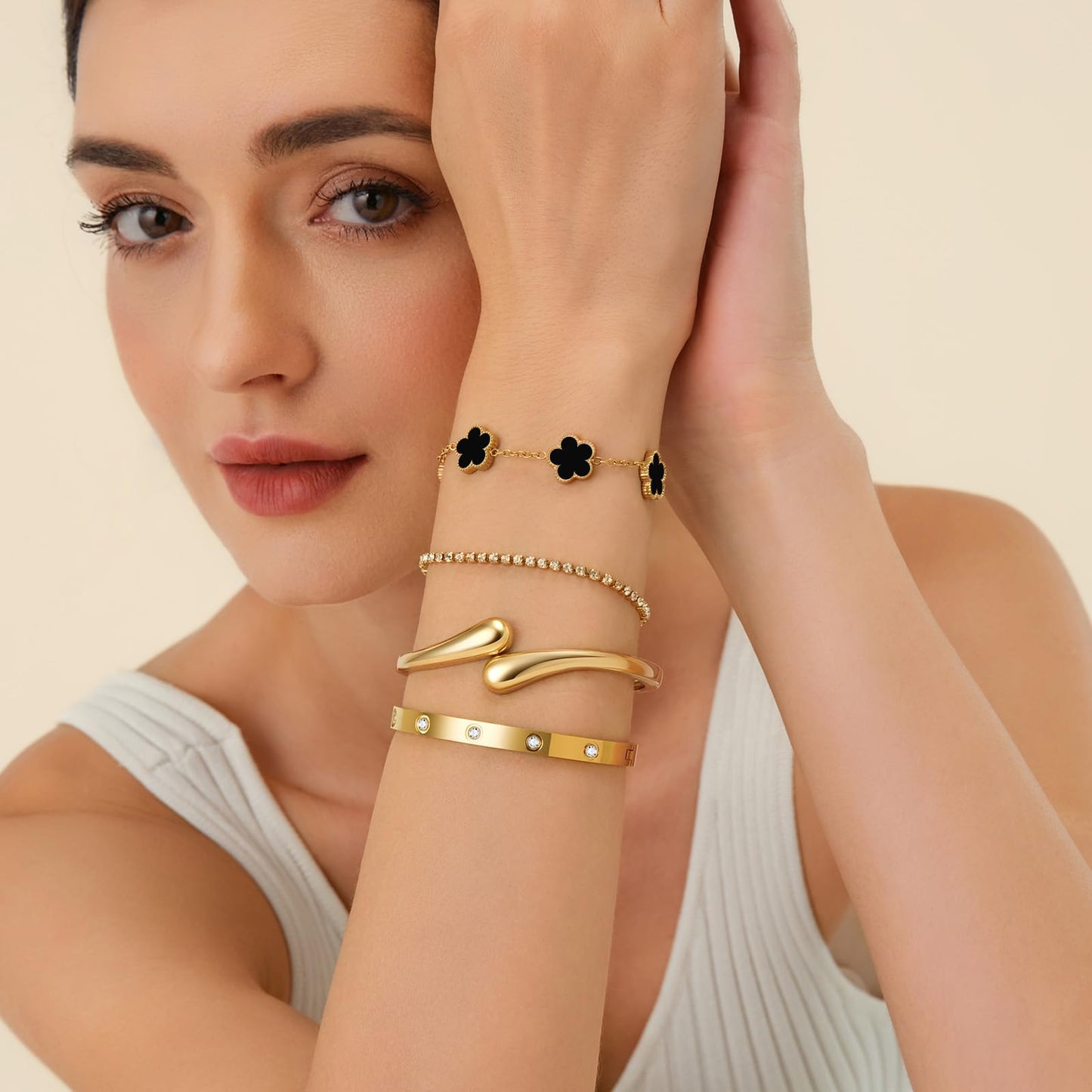 Mothers Day Gifts for Mom 18K Gold-Plated Bracelet Set – Floral Clover, Tennis, Chunky Adjustable Twist Cuff, Classic Gold-plated Bangle Stainless Steel, Non Tarnish, Stackable Bracelet Gift for Women