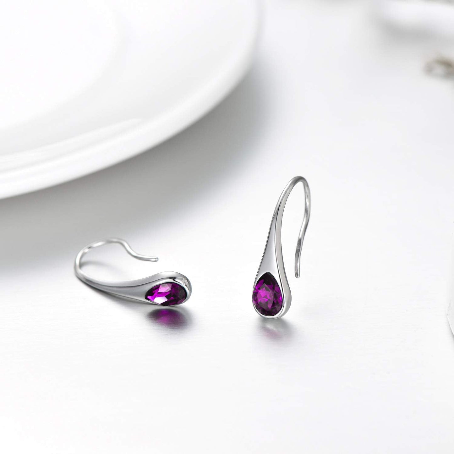 AOBOCO Teardrop Earrings for Women Sterling Silver Small Pear-Shaped Modern Style Hook Dangle Drop Earrings with Simulated Amethyst Purple Birthstones, Valentines Day Gift for Women