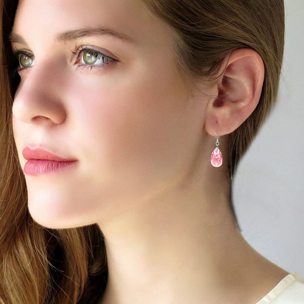 Teardrop Austrian Crystal Drop Dangle Earrings for Women 925 Sterling Silver Hook Hypoallergenic Earring (Pink)