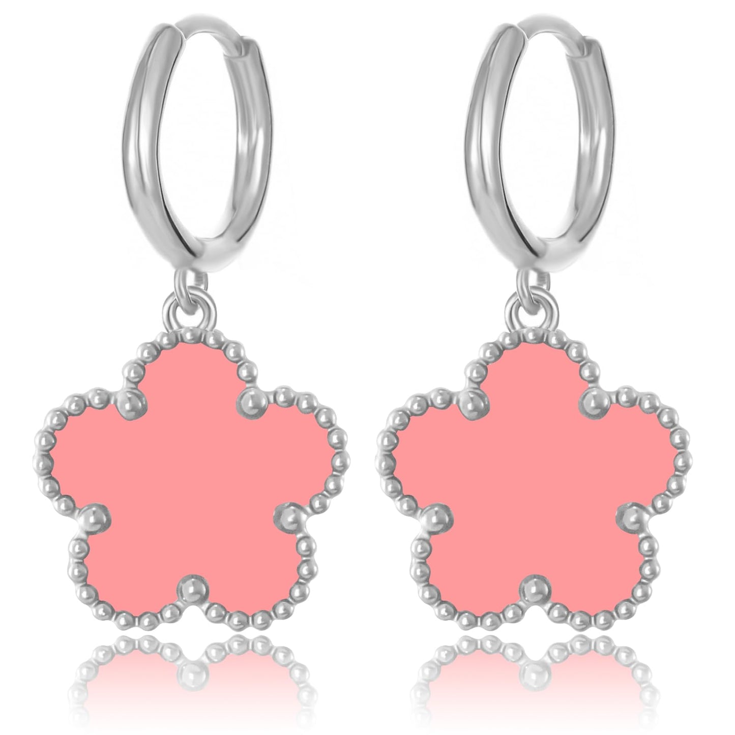 Gold Plated Five Leaf Clover Dangle Earrings for Women Lucky Flower Jewelry (Pink-White Gold Plated)