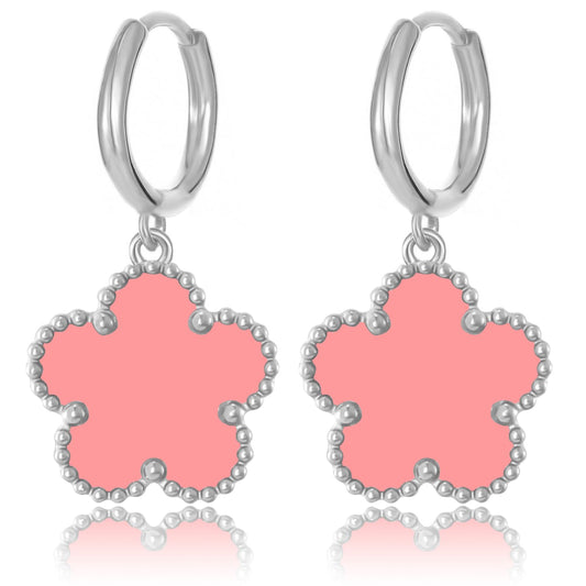 Gold Plated Five Leaf Clover Dangle Earrings for Women Lucky Flower Jewelry (Pink-White Gold Plated)