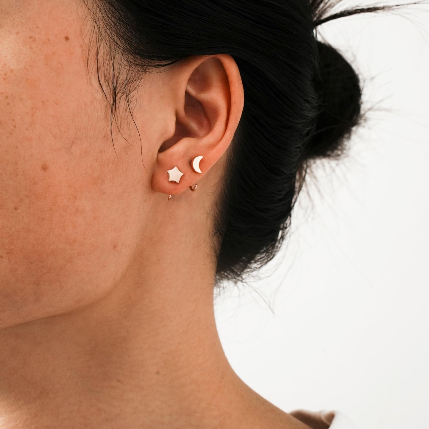 Half Hoop Earrings 18K Rose Gold Plated 925 Sterling Silver Moon Star Half Hoop Earrings Crescent Moon Open Huggie Hoops Little Huggy Earrings for Women 2 Pairs