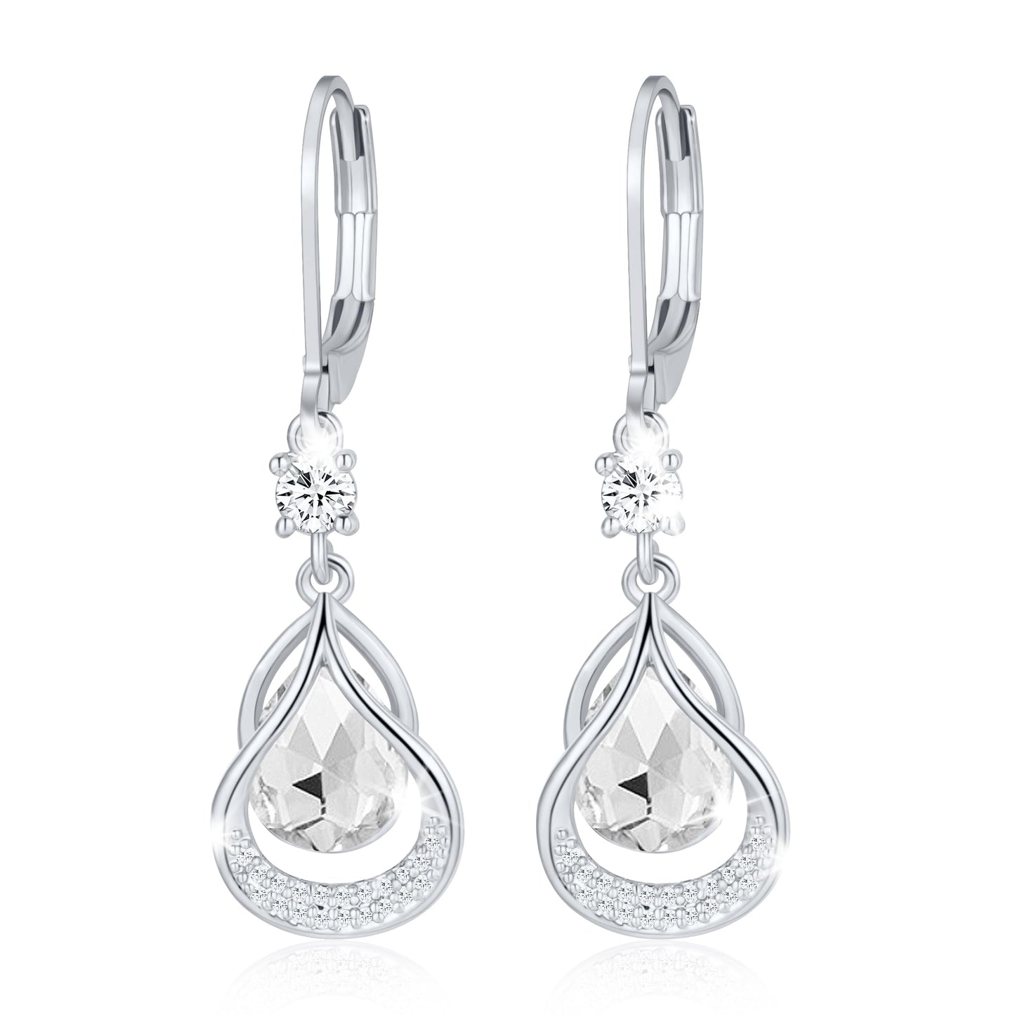 Dangle Trendy Leverback Birthstone Earrings Sliver Plated Teardrop Dangle Earrings Jewelry Christmas Birthday Gifts for Women (Sliver April)