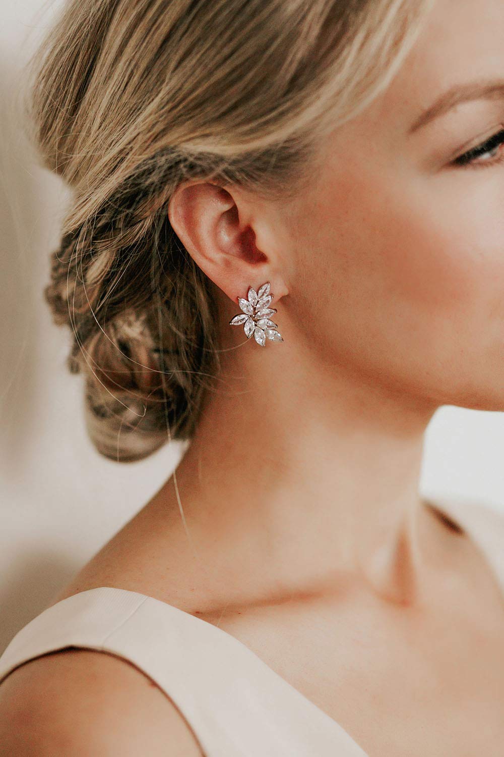 SWEETV Bridal Wedding Earrings for Brides Bridesmaid, Marquise Rose Gold Cubic Zirconia Rhinestone Cluster Earrings for Women, Prom
