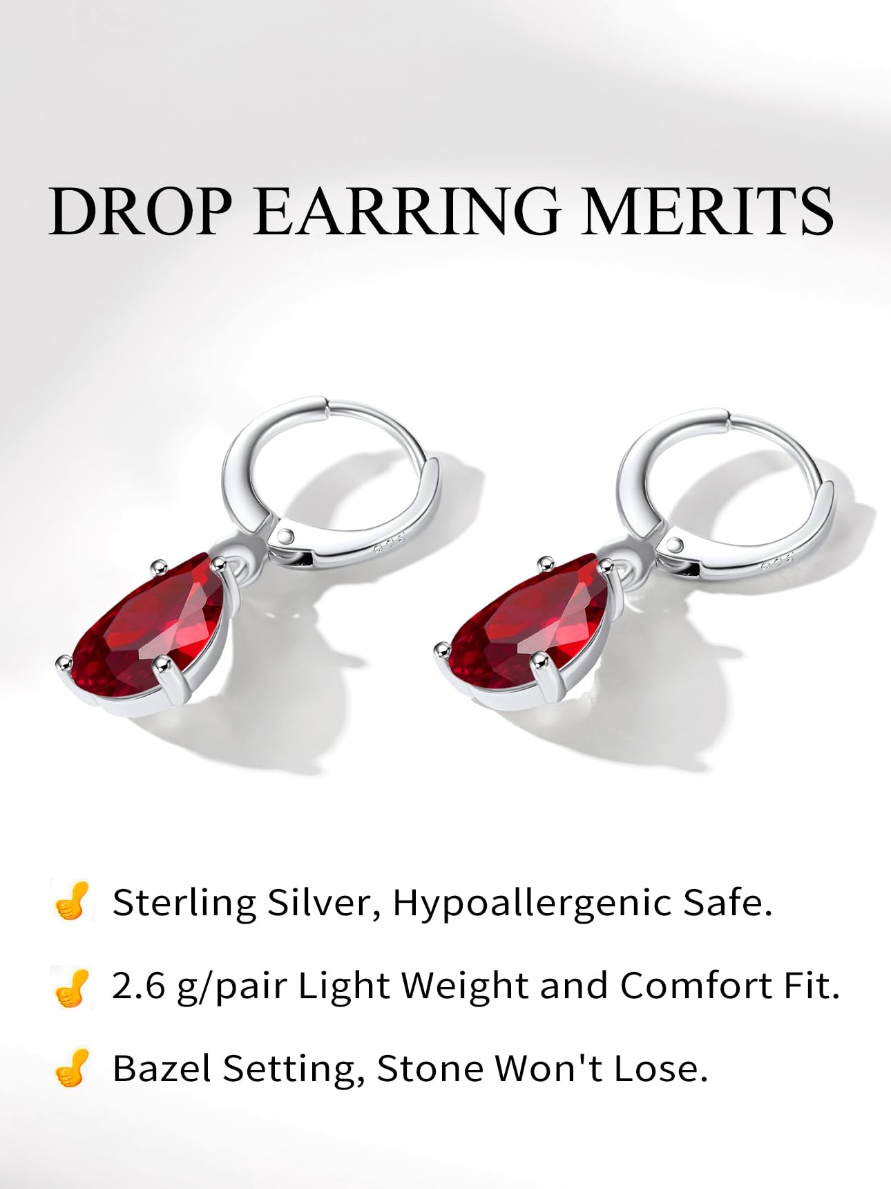 Bestyle Sterling Silver Teardrop January Dangle Drop Birthstone Earrings - Sparkle Red Garnet Earrings for Women Dangling -Small Silver Huggie Hoop Earrings For Women