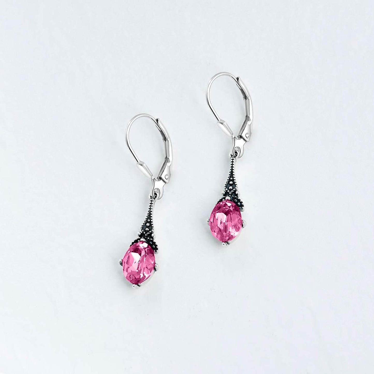 Pink October Birthstone Vintage Leverback Earrings Sterling Silver Retro Drop Dangle with Crystal, Birthday Jewelry Gifts for Women