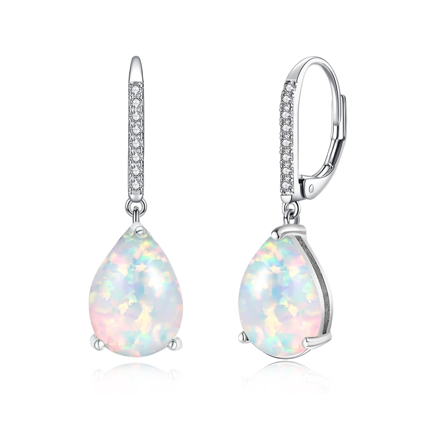Leverback White Opal Dangle Earrings 14k White Gold Plated Drop Earrings for Women Teardrop Earrings Elegant Jewelry Gifts for Mothers Day Birthday Party