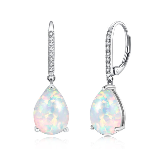 Leverback White Opal Dangle Earrings 14k White Gold Plated Drop Earrings for Women Teardrop Earrings Elegant Jewelry Gifts for Mothers Day Birthday Party
