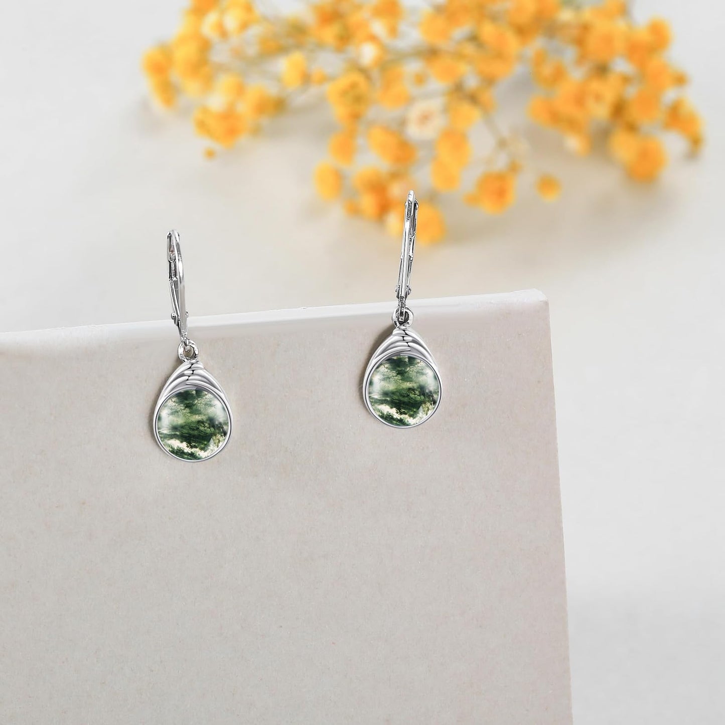 POPLYKE Moss Agate Earrings for Women Sterling Silver Round Moss Agate Leverback Earrings Dangle Earrings Jewelry