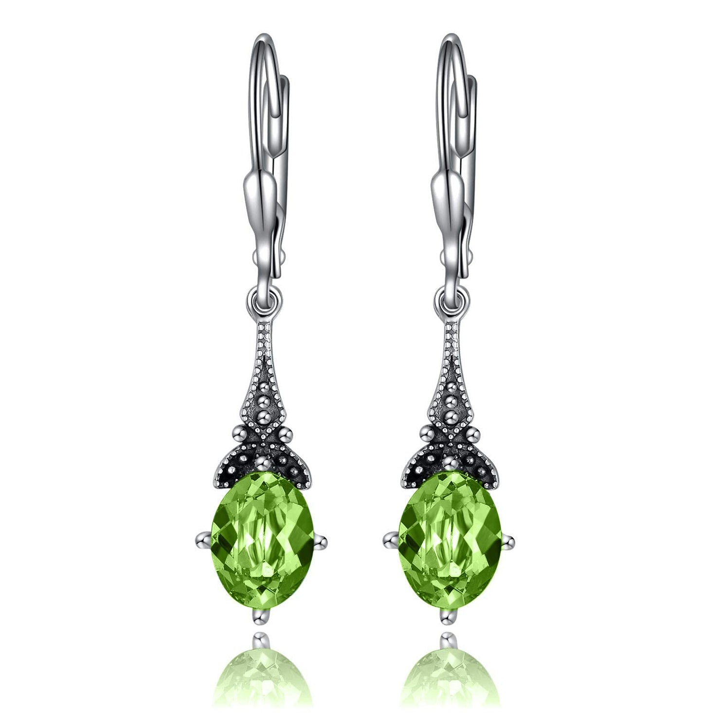 Peridot August Vintage Leverback Earrings Sterling Silver Retro Drop Earrings with Oval Simulated Birthstone Crystal from Austria, Birthday Jewelry Gifts for Women