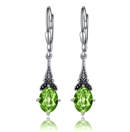 Peridot August Vintage Leverback Earrings Sterling Silver Retro Drop Earrings with Oval Simulated Birthstone Crystal from Austria, Birthday Jewelry Gifts for Women