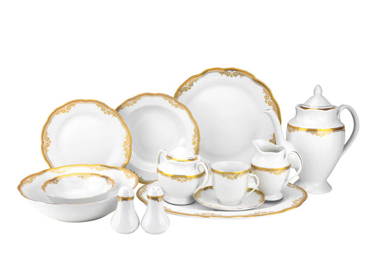 Euro Porcelain 57 piece Banquet Dinnerware Set with Scalloped Edges - Luxury Tableware Dining Service for 8