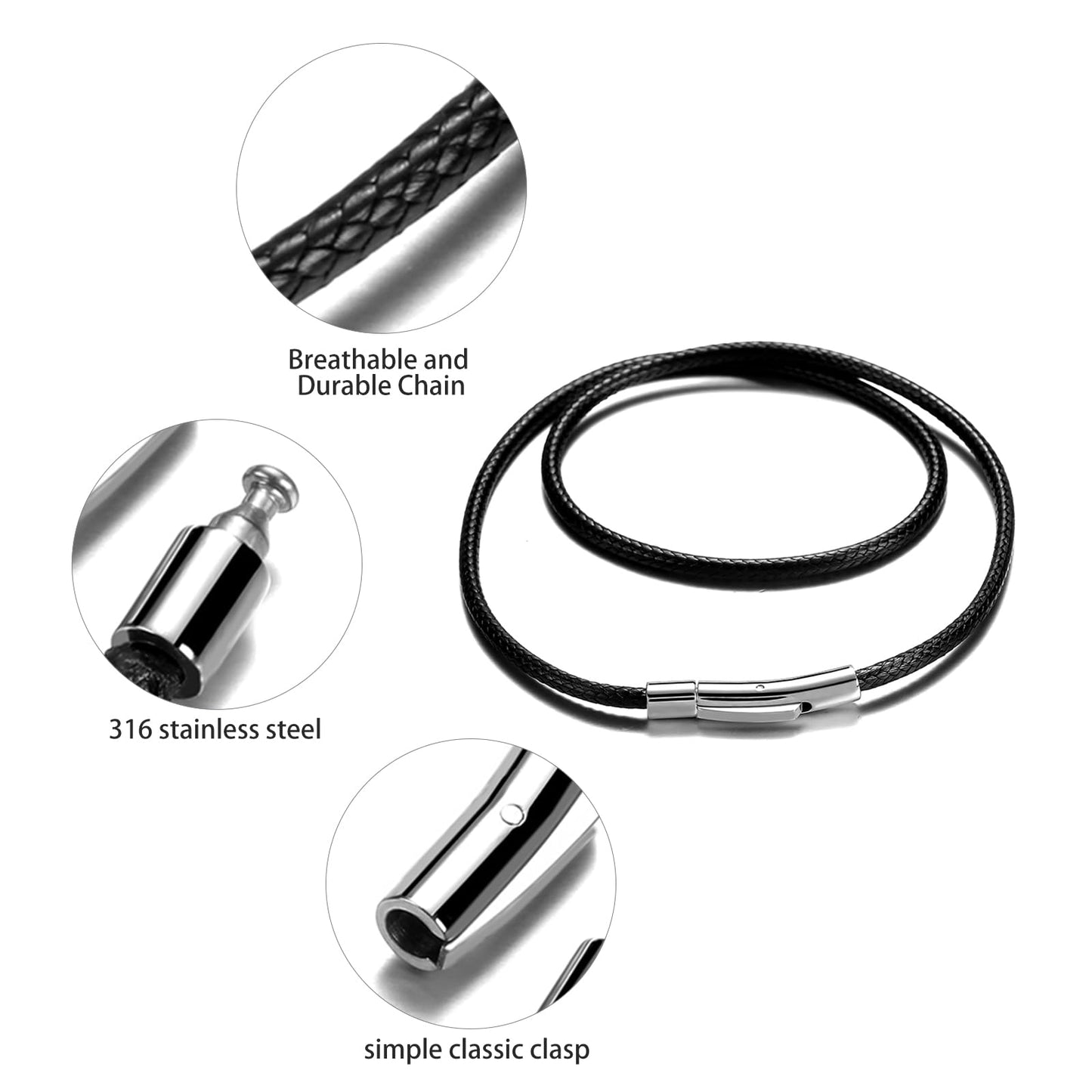 SKQIR 2mm Black Waterproof Braided Leather Cord Necklace with Durable Stainless Steel Snap Clasp Men Women Woven Wax String Rope Chain for DIY Pendant Length 26"