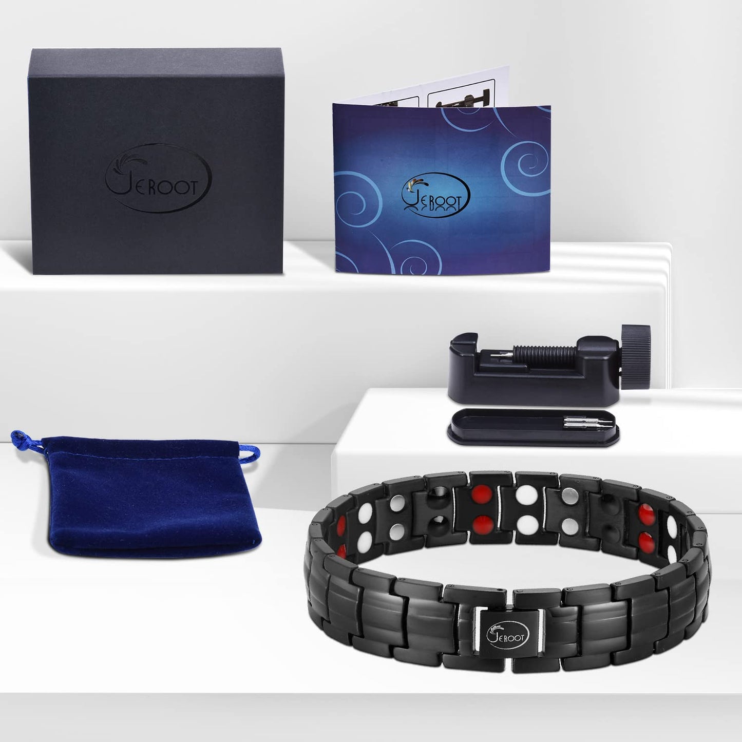JEROOT Magnetic Bracelets for Men, Pure Titanium Bracelet (3500Gauss Per Magnet), Men's Bracelet Lymphatic Jewelry Gifts (Black anion)