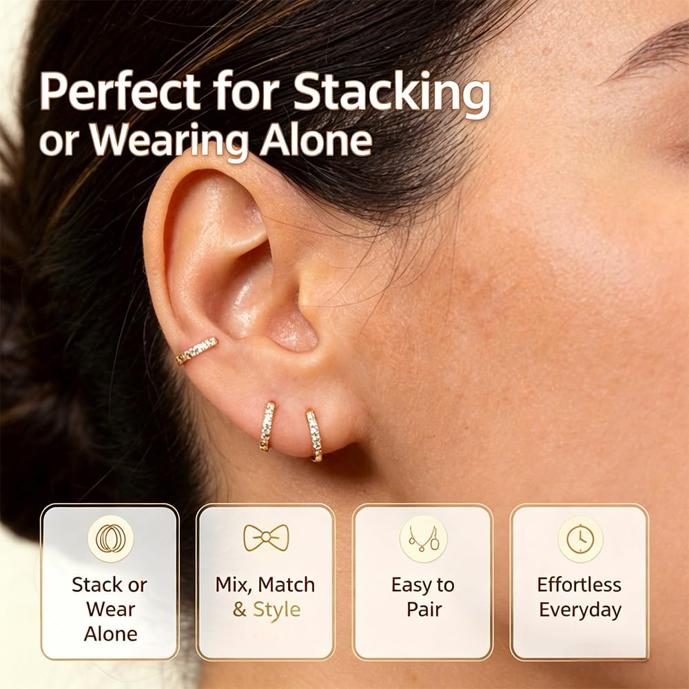 3 Pairs Gold Earrings for Women Hoop Earrings Non Tarnish: 14K Gold Plated Nickel Free Small Huggie Hoops Lightweight Earrings for Sensitive Ears, Sleep, Swim, Multiple Piercings 1st 2nd 3rd Ear Hole Helix