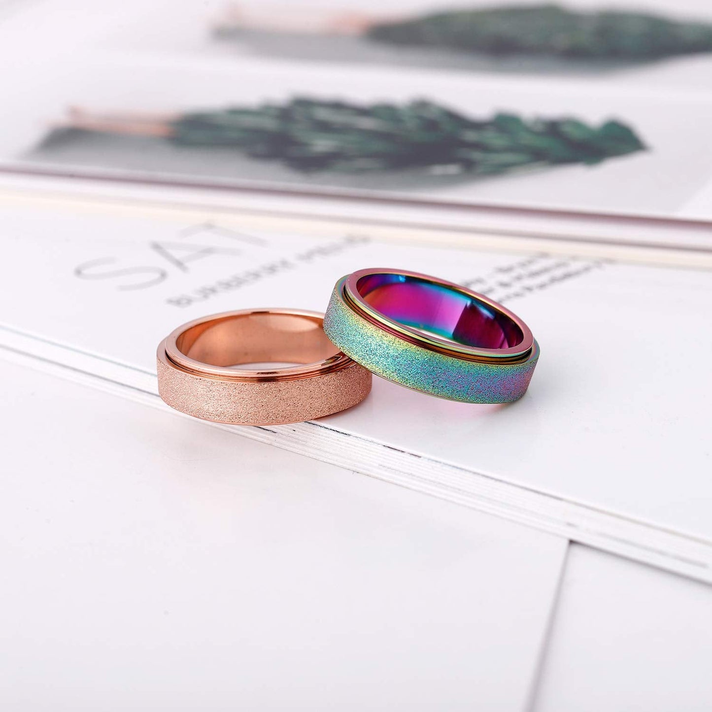 OreilleStar Anxiety Ring for Women Fidget Spinner Ring Fidget Toys Adults Titanium Stainless Steel Thumb Ring 6mm Wide Rose Gold Size 7