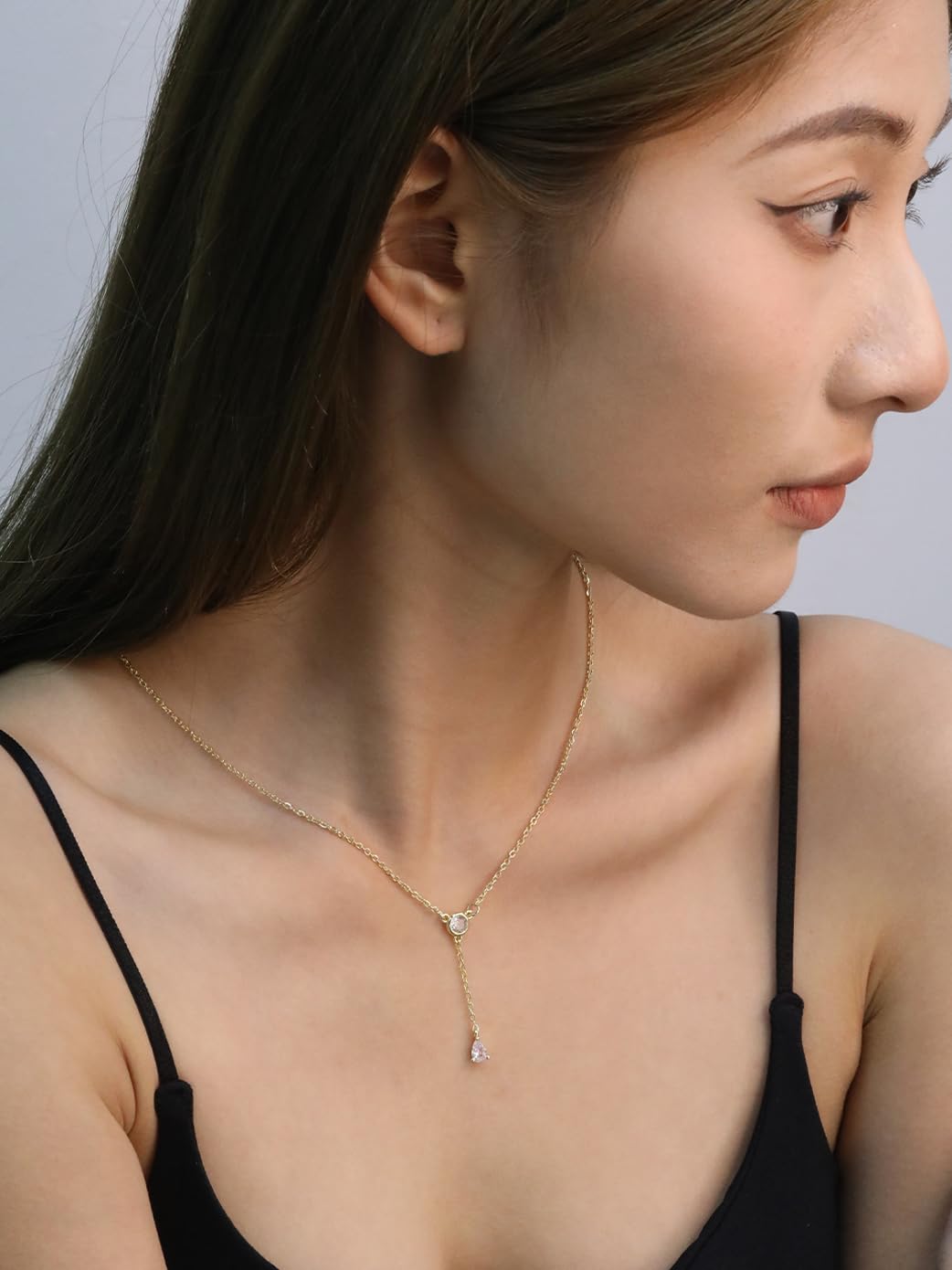 LUXU kisskids Gold Pendant Necklace for Women, Dainty Lariat Y-Shaped Chain, Stainless Steel CZ Drop Chain Adjustable Hypoallergenic Jewelry Gift