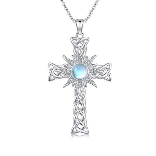 YEESIA Cross Necklace for Women 925 Sterling Silver Sun Crucifix Pendant Necklace Moonstone Celtic Cross Jewelry Mothers Day Gifts for Women Wife Sister