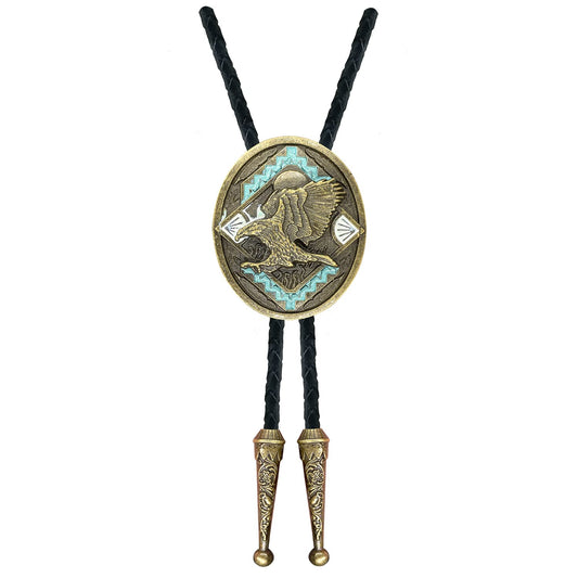 QUKE Native American Western Cowboy 3D Bald Eagle Sunset Bolo Tie Hand-woven Leather Bronze Bola Tie Necktie for Men Women