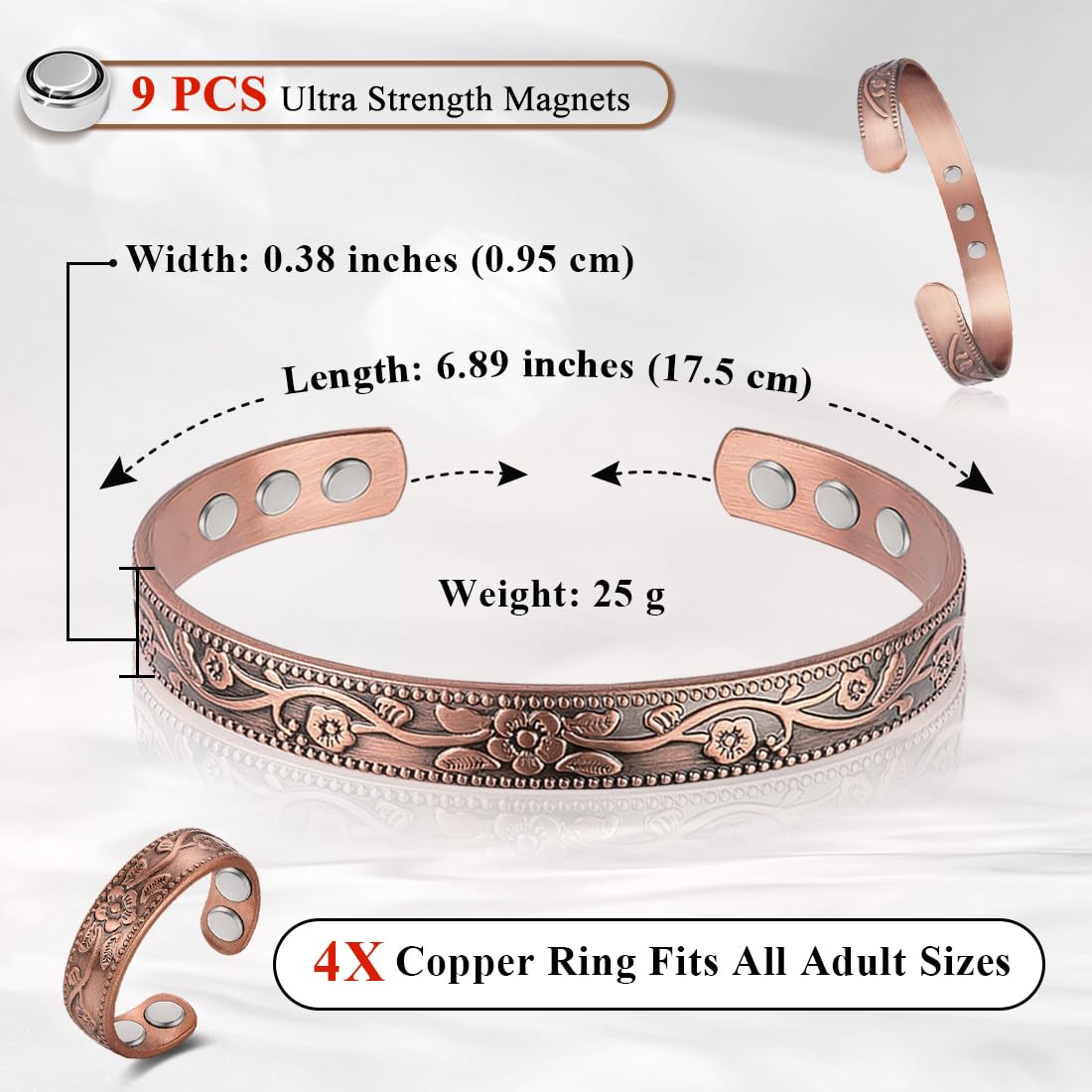 Vicmag Copper Magnetic Bracelet for Women and Men Ultra Strength Magnets 99.9% Pure Copper Strong Magnets Jewelry Gift Adjustable Length(Flower)