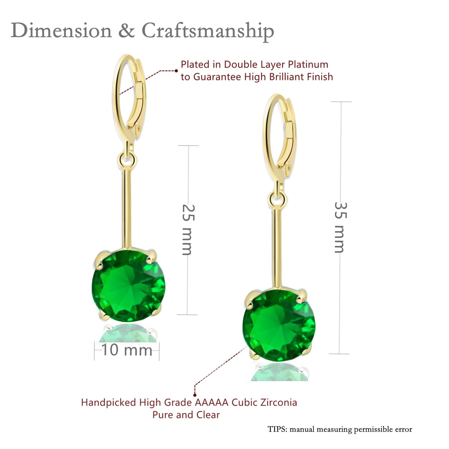 VONSSY Gemstone Drop Dangle Earrings | Platinum/Gold Plated Leverback Crystal Cubic Zirconia Hanging Red/Pink/Blue Earrings (Green-Gold)