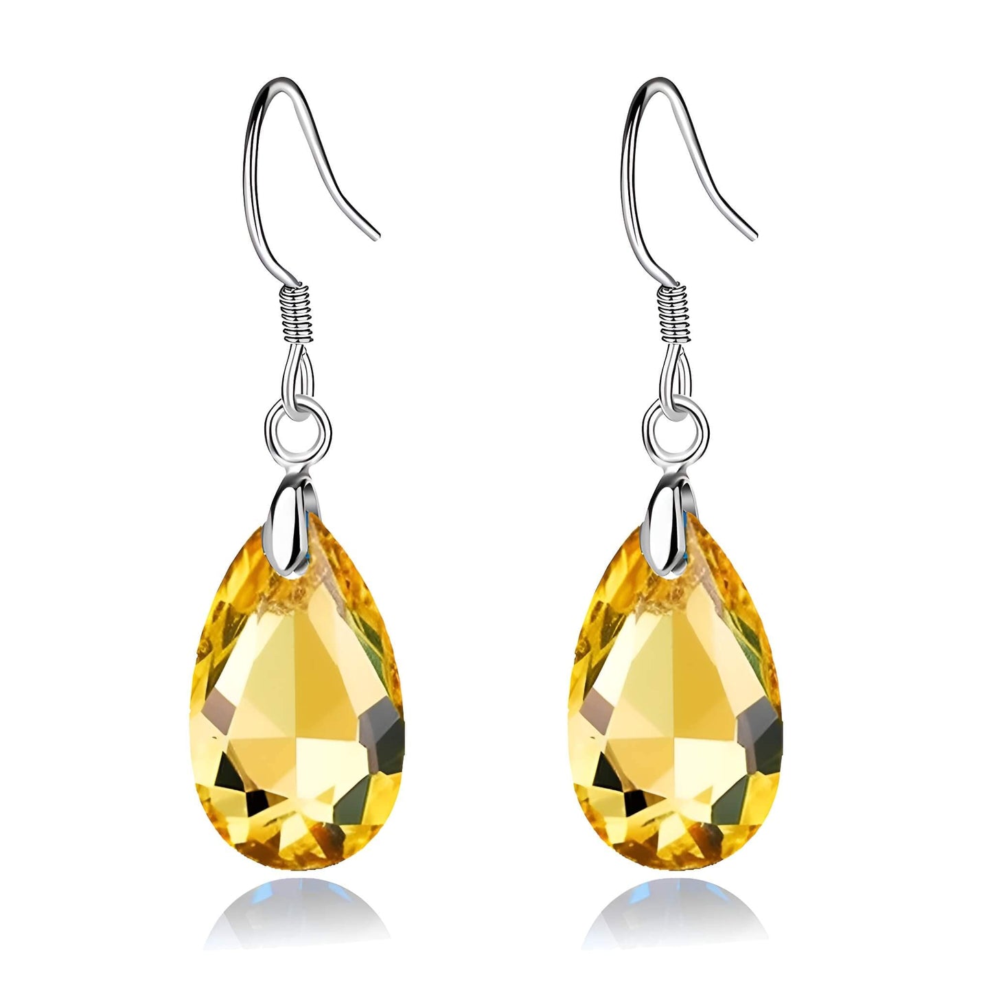 Teardrop Austrian Crystal Drop Dangle Earrings for Women 925 Sterling Silver Hook Hypoallergenic Earring (Yellow)