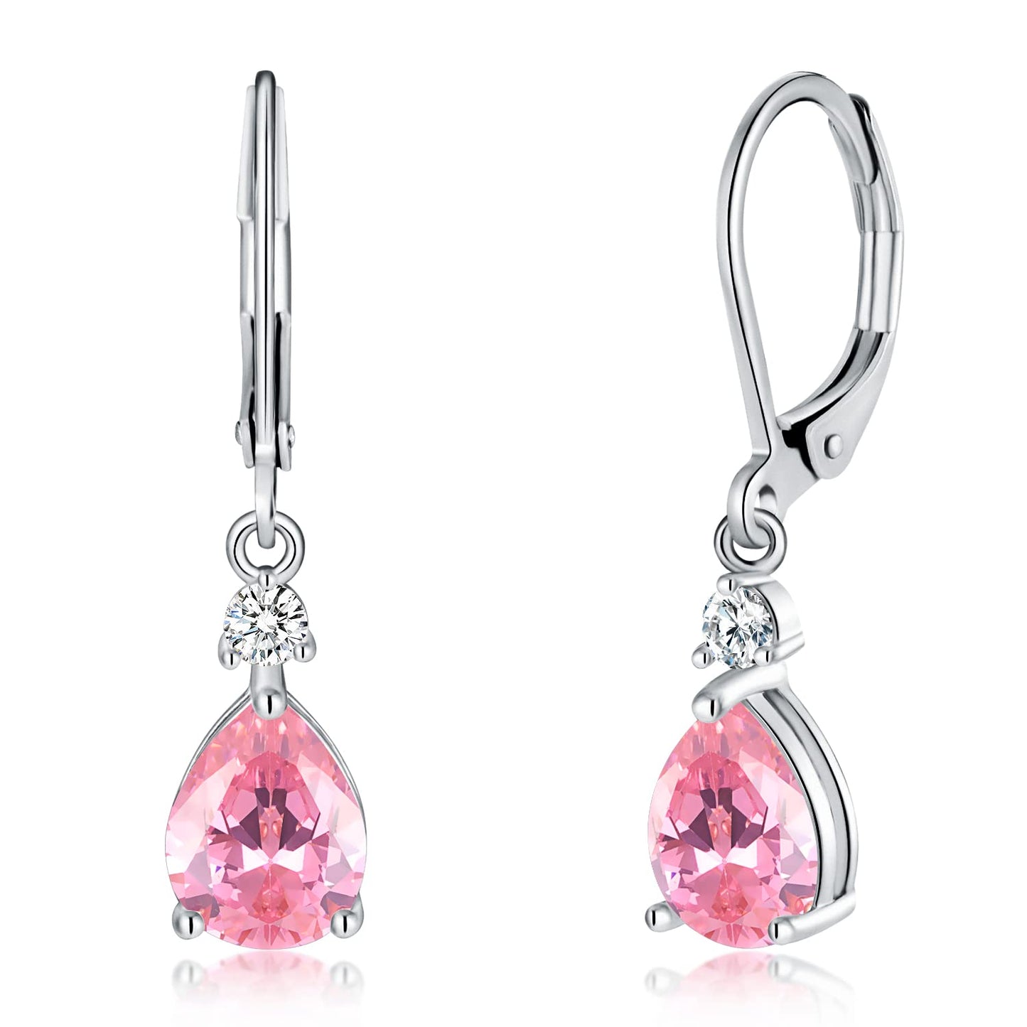 CiNily Leverback Dangle Earrings for Women 14K White Gold Plated Drop Earrings Pink Cubic Zircon Fashion Teardrop Hoop Earrings Hypoallergenic Jewelry for Sensitive Ear
