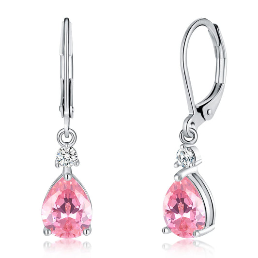 CiNily Leverback Dangle Earrings for Women 14K White Gold Plated Drop Earrings Pink Cubic Zircon Fashion Teardrop Hoop Earrings Hypoallergenic Jewelry for Sensitive Ear