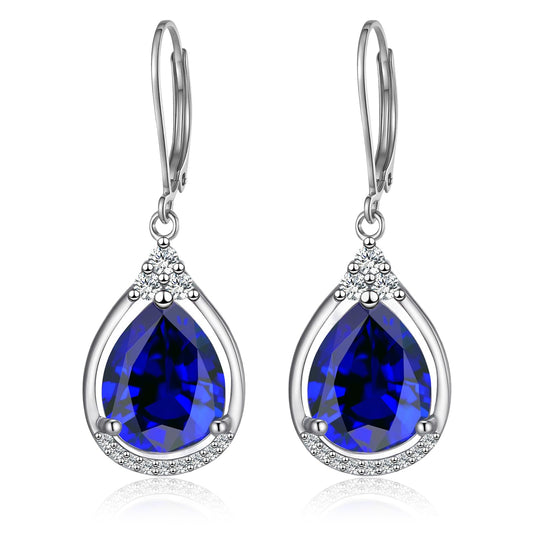 Sterling Silver Birthstone Earrings AAAAA Cubic Zirconia Teardrop Dangles Jewelry Christmas Gifts for Women (September birthstone earrings-sapphire earrings)