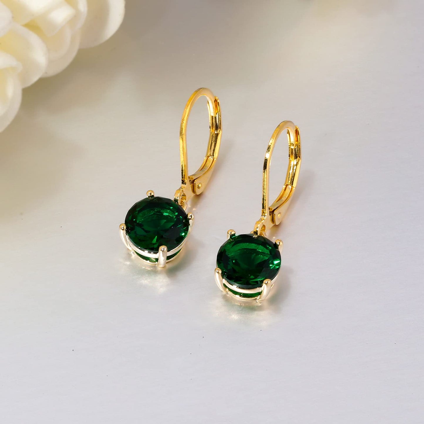 CiNily Leverback Dangle Earrings for Women Ladies Green Cubic Zircon Pendant Earrings 14K Gold Plated Hypoallergenic Crystal Drop Earrings for Sensitive Ears Jewelry 8 mm