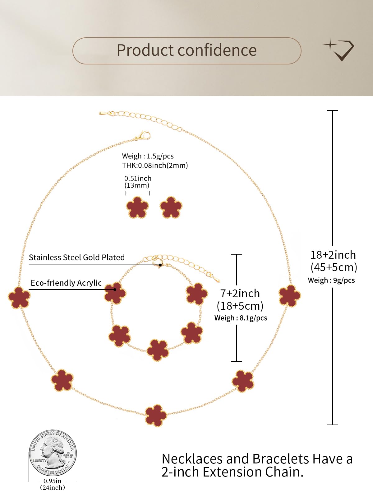 Qinpan Five Leaf Clover Necklace Bracelet and Stud Earrings Set for Women Lucky Flower Jewelry (Burgundy-14K Gold Plated)