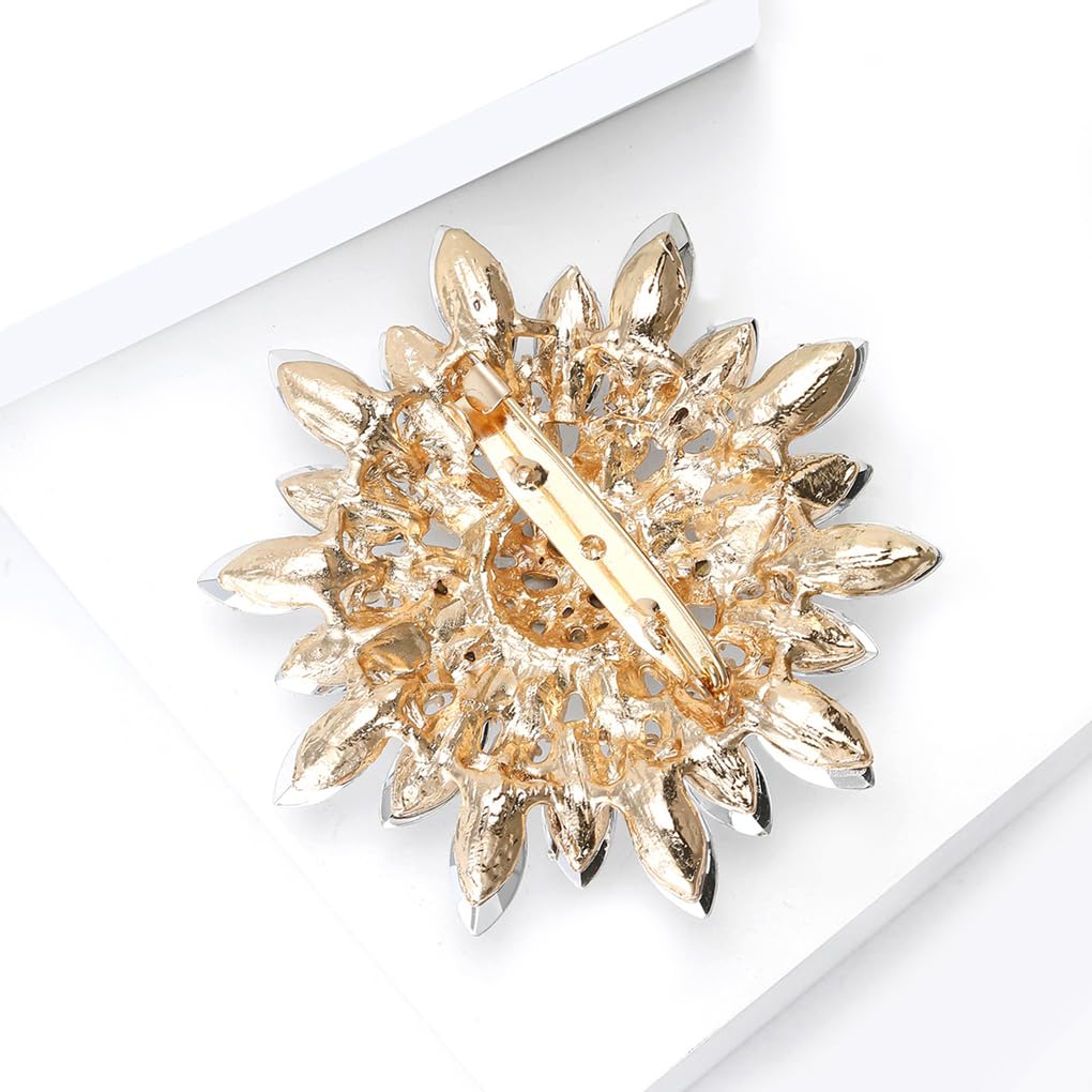 Rhinestone Large Flower Brooches Pins for Women Fashion Sparkly Crystal Sunflower Statement Brooch Wedding Party Suit Dress Formal Jewelry Accessories(White)