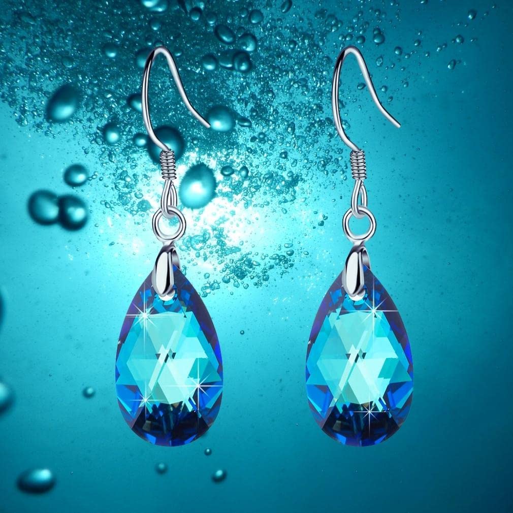 Austrian Crystal Teardrop Dangle Earrings for Women Drop Hook Earring 925 Sterling Silver Hypoallergenic Jewelry (Bermuda Blue)