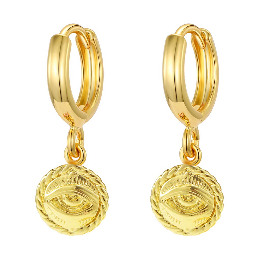 Evil Eye Dangle Drop Hoop Earrings With Small Charm 18K Gold Plated Vintage Huggie Hoops Elegant Dangling Jewelry for Women