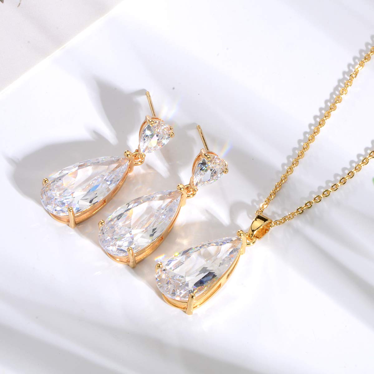 Bridal Jewelry Set for Wedding - 18k Gold Plated Teardrop Cubic Zirconia Crystal CZ Rhinetstone Diamond Necklace Earrings Set for Bride Bridesmaids Mother of Bride Prom Party Formal Jewelry for Women