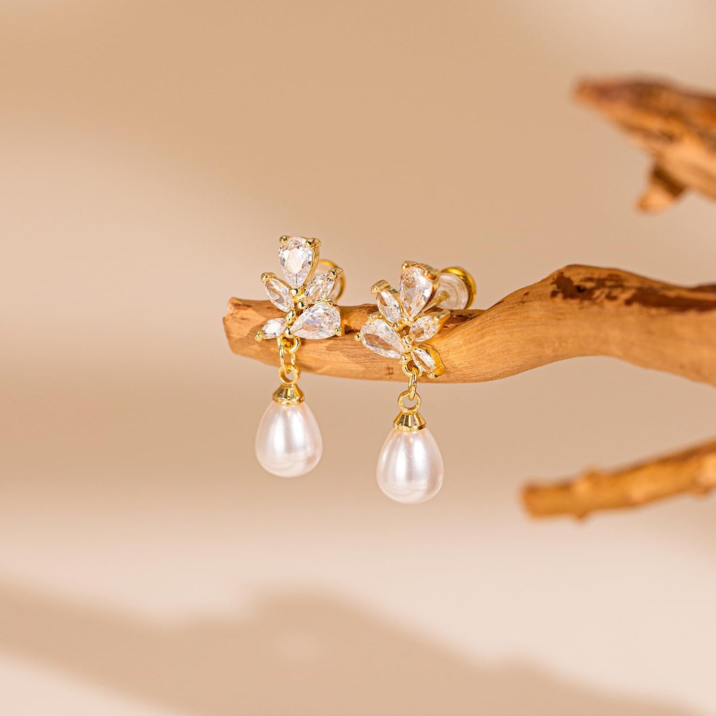 PRTGL Pearl Earrings: 14k Gold-plated Cubic Zirconia Accented Teardrop Pearl Drop Wedding Engagement Earrings For Women Bridal Bridesmaid (Leaf Designed)