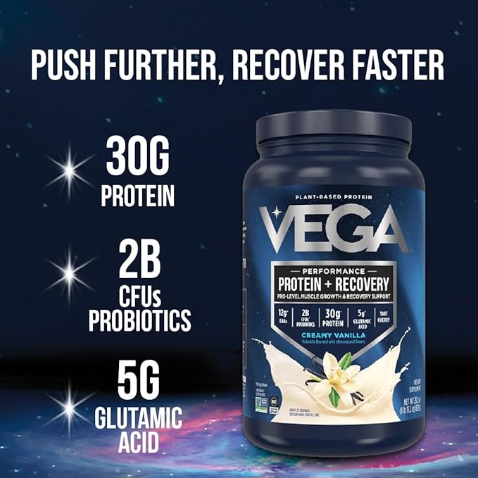 Vega Sport Vegan Protein Powder + Recovery - 30g Plant Based Protein per Serving, Vanilla, 20 Servings, 5g BCAAs, Probiotics, NSF Certified, For Shakes & Smoothies, 1.8lbs (Packaging May Vary)