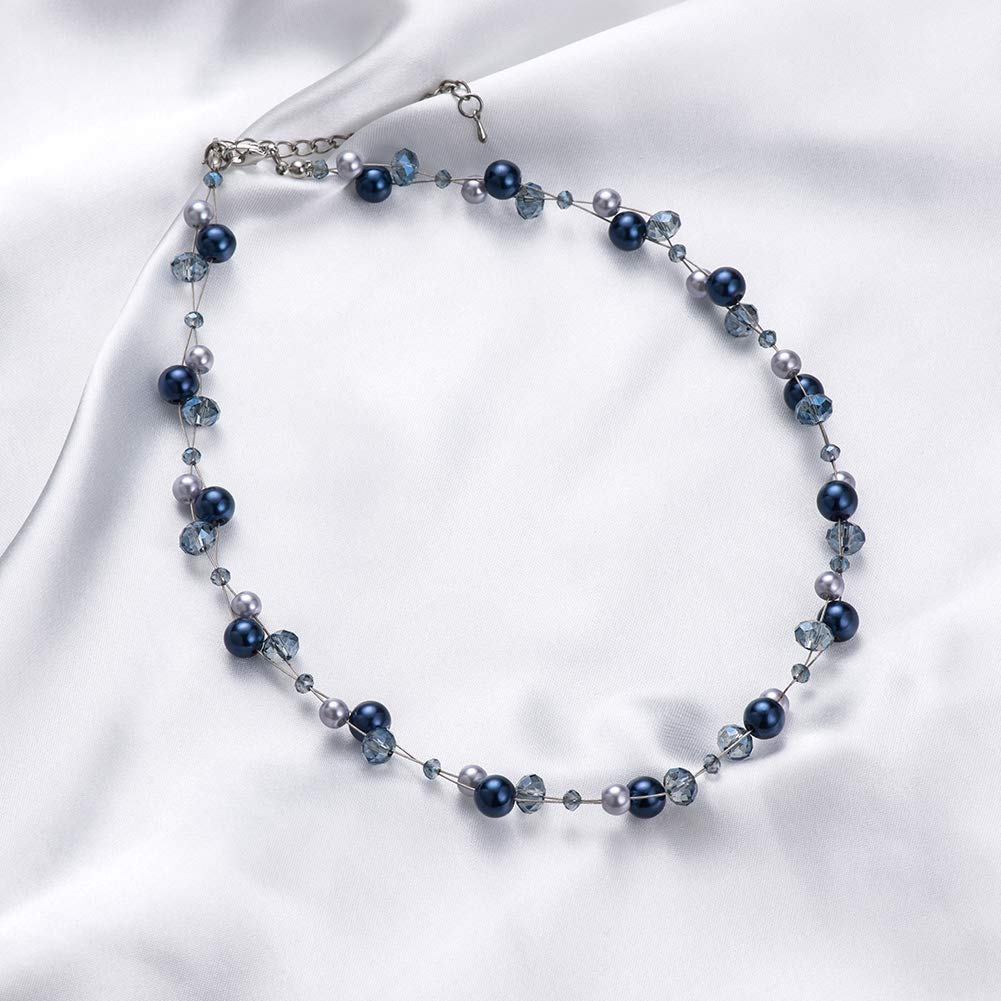 Short Beaded Turquoise Necklace For Women - Fashion Jewelry with Pearl and Crystal Bead, Birthday Gifts For Women (27-Blue)