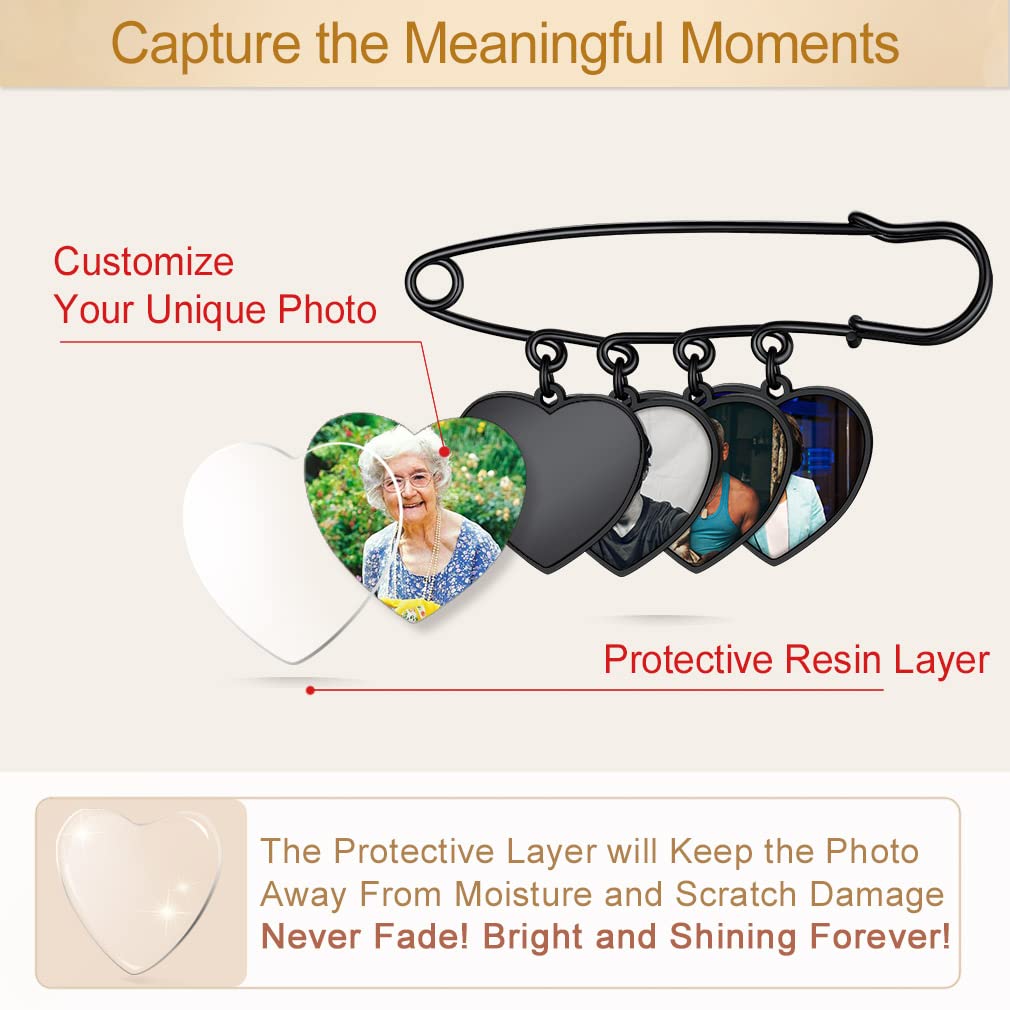 Custom4U Wedding Bouquet Charms Memorial Engraved with 4 Pictures Heart Shaped Memory Photo Charm for Bride Groom Mother Father