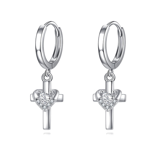 Hanging Cross Earrings Sterling Silver Diamond Heart Cross Dangle Drop Hoop Earrings Jewelry Gifts for Women