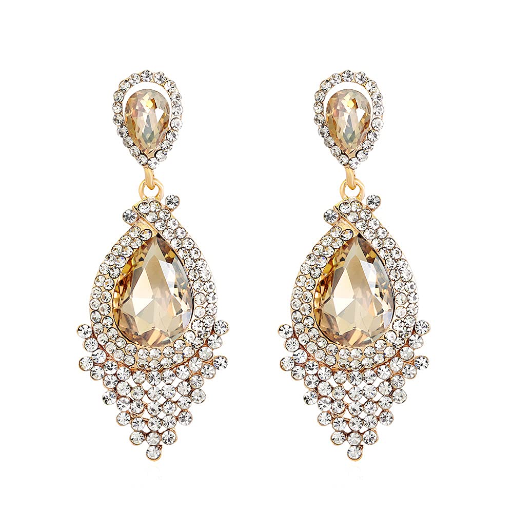 JWICOS Bridal Wedding Earrings for Women Brides Crystal Rhinestones Dangle Teardrop Chandelier Earrings for Prom or Pageant (champagne)