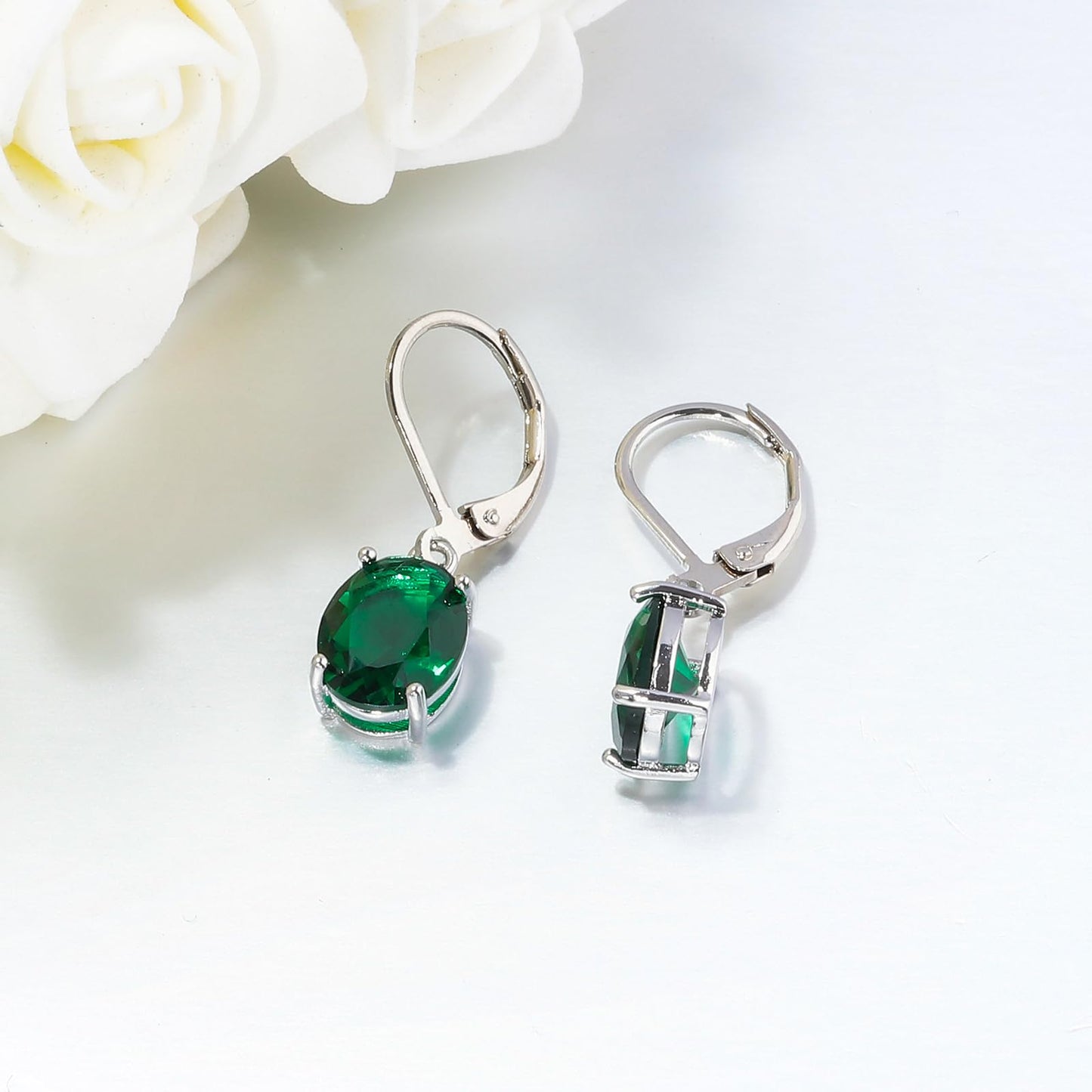 CiNily Cut-Oval Leverback Dangle Earrings for Women Green Cubic Zircon 14k White Gold Plated Hypoallergenic Hanging Earrings Lightweight Summer Drop Earrings