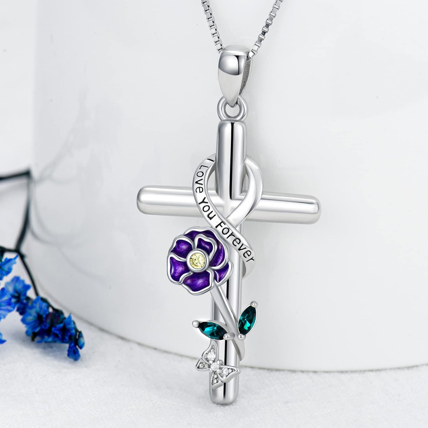 Flpruy Violet Birth Flower Necklace 925 Sterling Silver Cross Necklace Violet Jewelry 12 Month Birth Flower Floral Pendant Birthday Jewelry Gifts for Women Mom