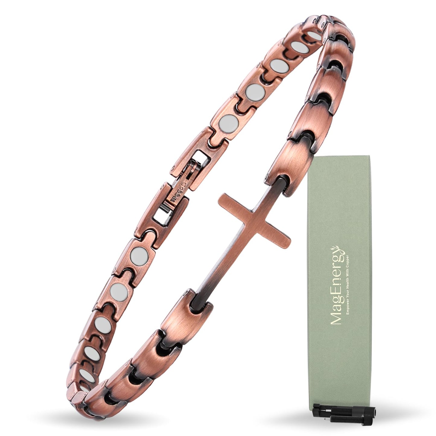 MagEnergy Copper Magnetic Bracelet for Women, Cross Copper Bracelet with 3500 Gauss Magnets, Adjustable, Christian Jewelry Gift
