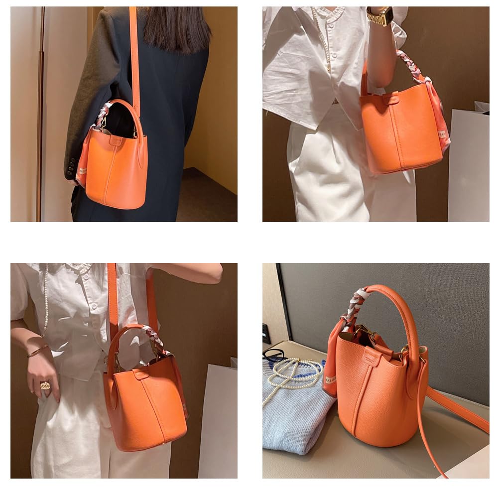 Women's small crossbody bag made of synthetic leather, mini bucket style shoulder bag with scarf, detachable shoulder strap (orange)
