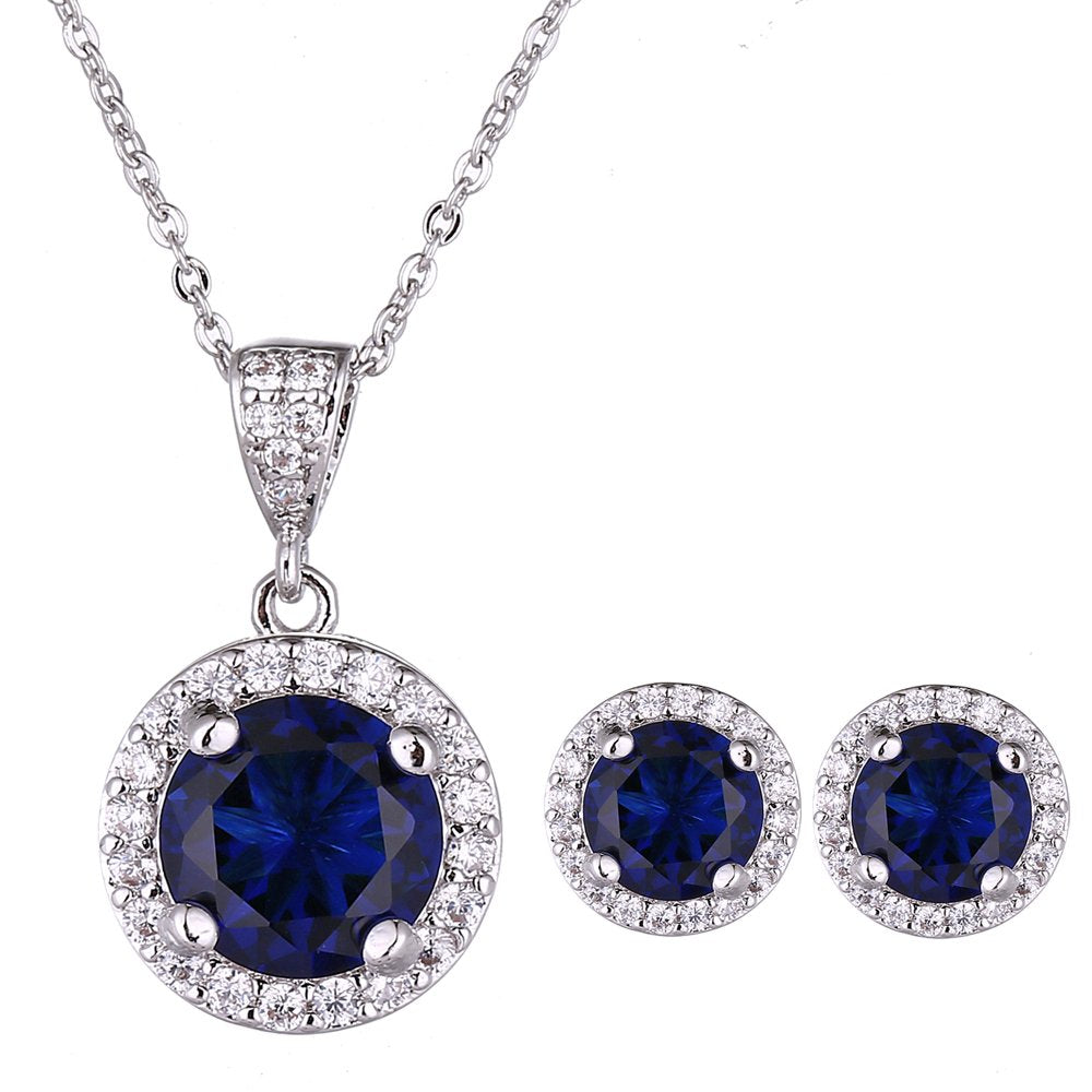 Jewelry Set for Women Blue - Silver Round Cut Crystal Navy Blue Sapphire Rhinestone Necklace Earrings Set September Birthstone Jewelry Pop Style for Lady Party Prom Birthday Jewelry Accessories