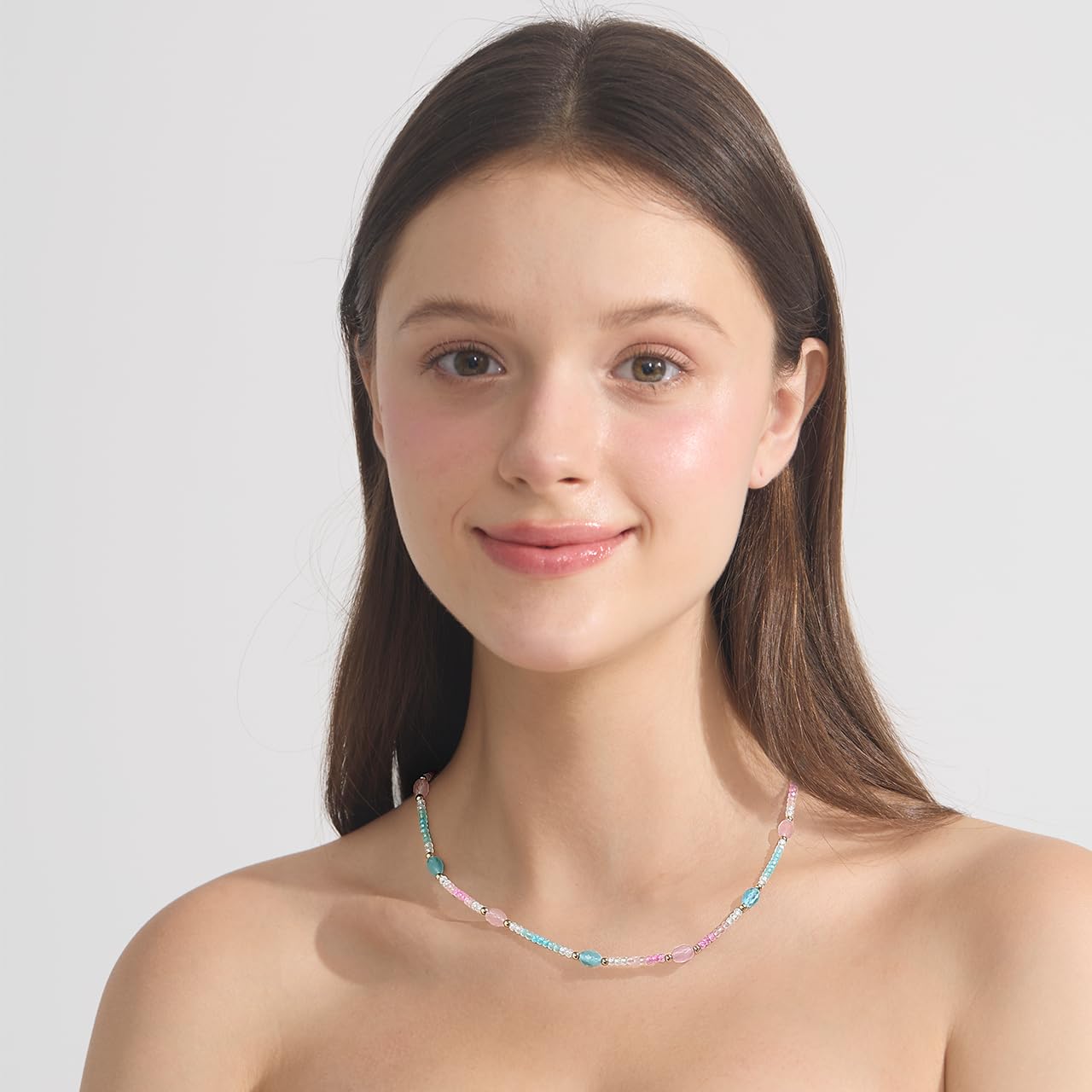 Gmissbabicoo Healing Crystal Necklace for Women Spiritual Zircon Beads Handmade Gemstone with 18k Golden Plated Blue Pink Crystals Stones Beaded Adjustable Necklaces with Jewelry Box