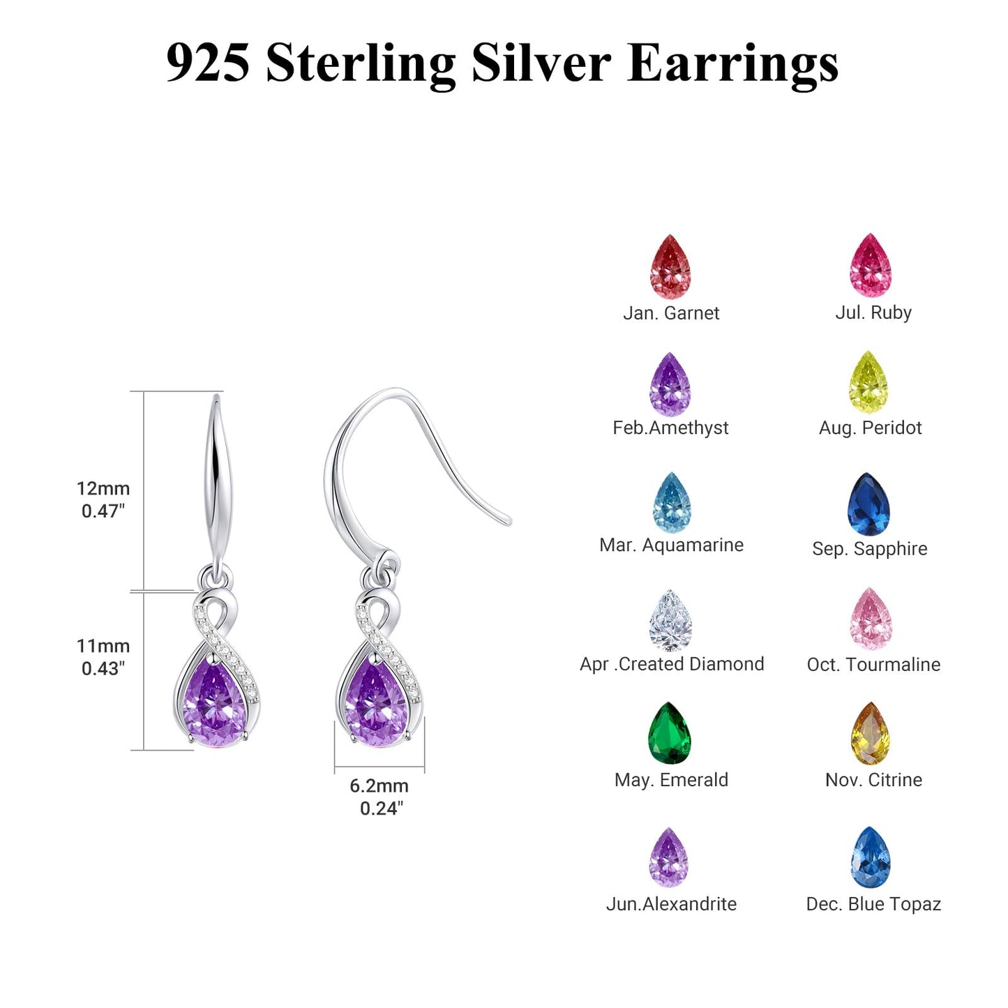 Infinity Birthstone Earrings 18K White Gold Plated 925 Sterling Silver Teardrop Infinity Drop Dangle Earrings February Birthstone Jewelry Birthday Gifts for Women Her Mother Wife
